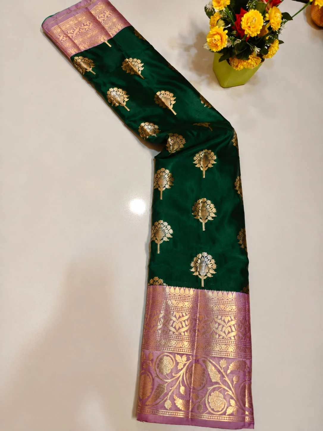 Bottle Green with Onion Pink Antique Gold Zari Semi Kanchipuram Silk Saree